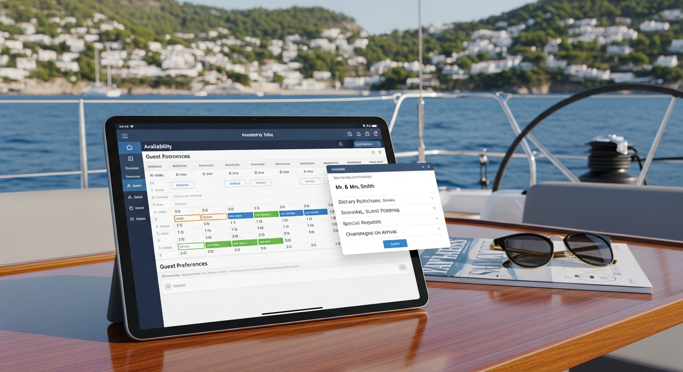 Tableau de bord du système de réservation pour yachts d'affrètement affichant le calendrier de disponibilité et la gestion des réservations