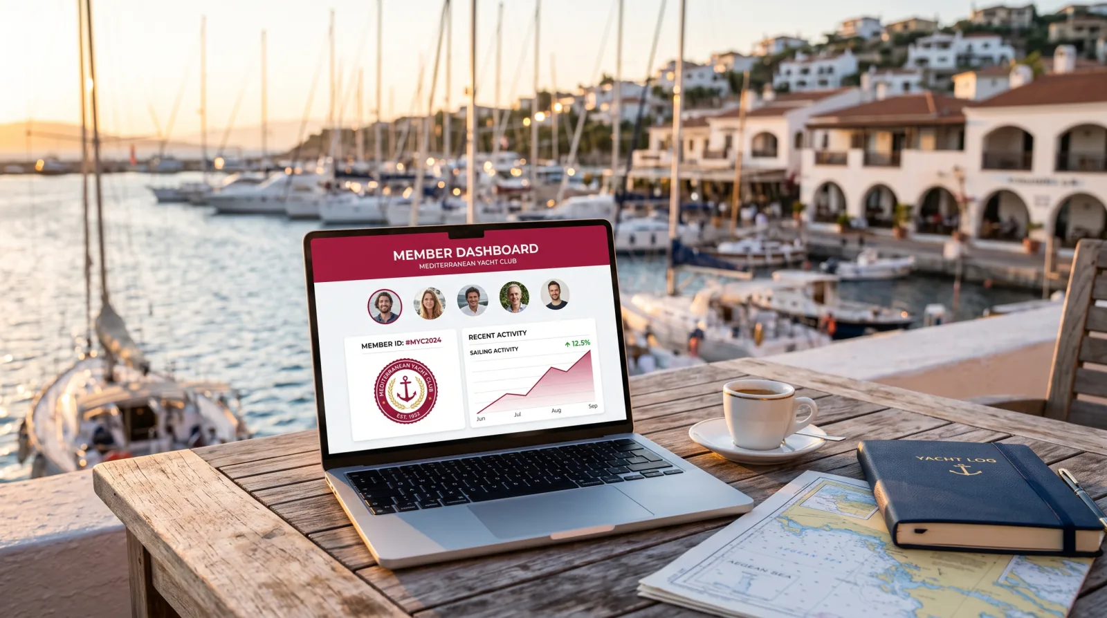 Logiciel de gestion des membres Guild pour yacht clubs et associations nautiques sur un ordinateur portable, terrasse de club face au port