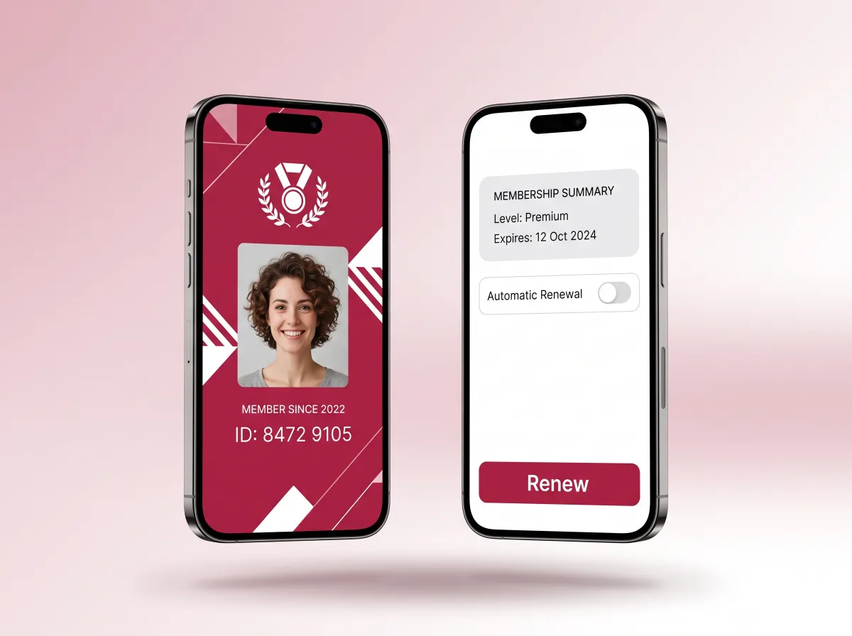 Portail membre Guild sur smartphones avec statut d'adhésion, factures et profil