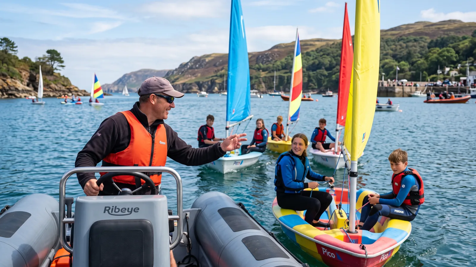 Moniteur de voile sur un bateau de sécurité encadrant des adolescents sur de petits dériveurs colorés dans une baie abritée