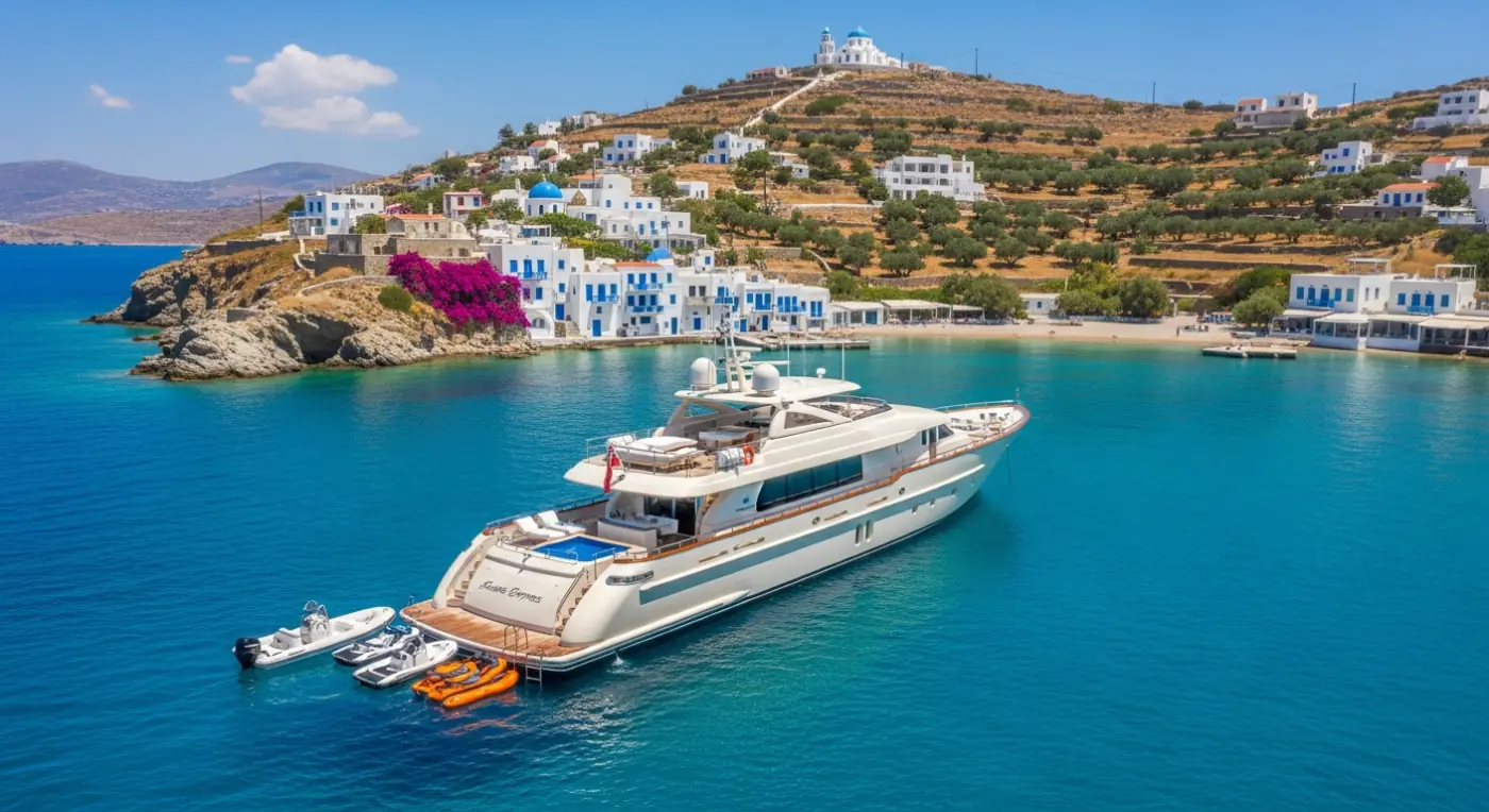 Luxusyacht ankert in türkiser Bucht einer griechischen Kykladeninsel