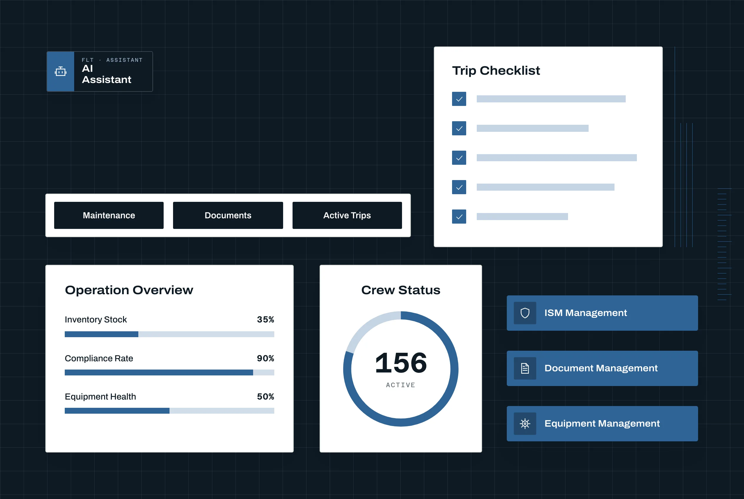 Yacht management software interface - Fleet management system with trip checklist, crew status monitoring, ISM and document management for integrated yacht operations