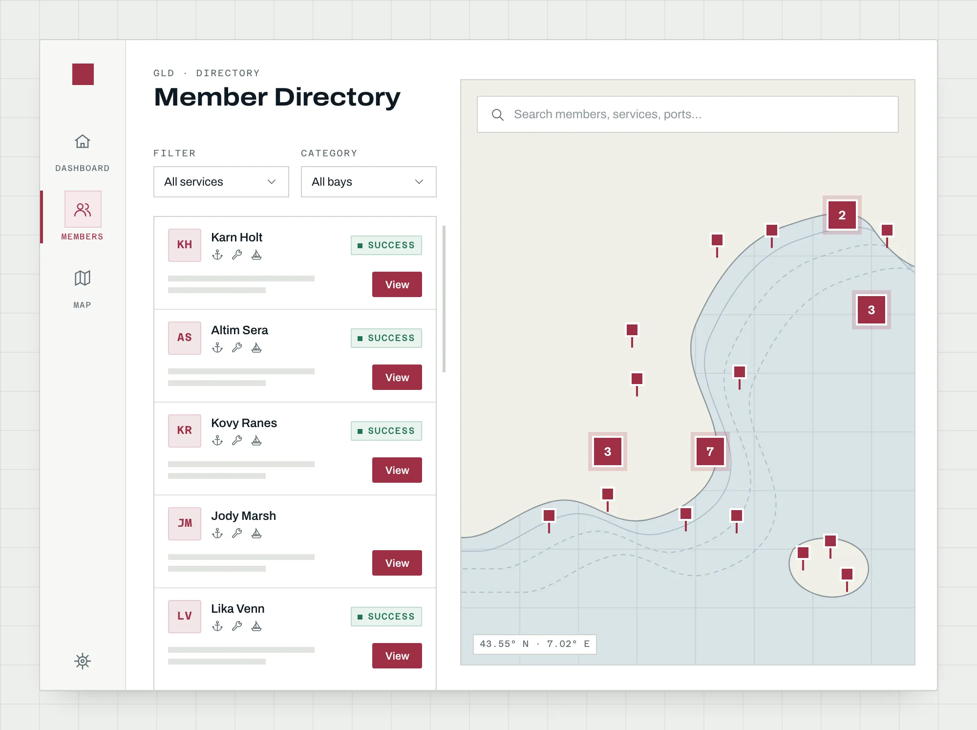 Annuaire des membres Guild avec carte côtière interactive, repères groupés et filtres par service