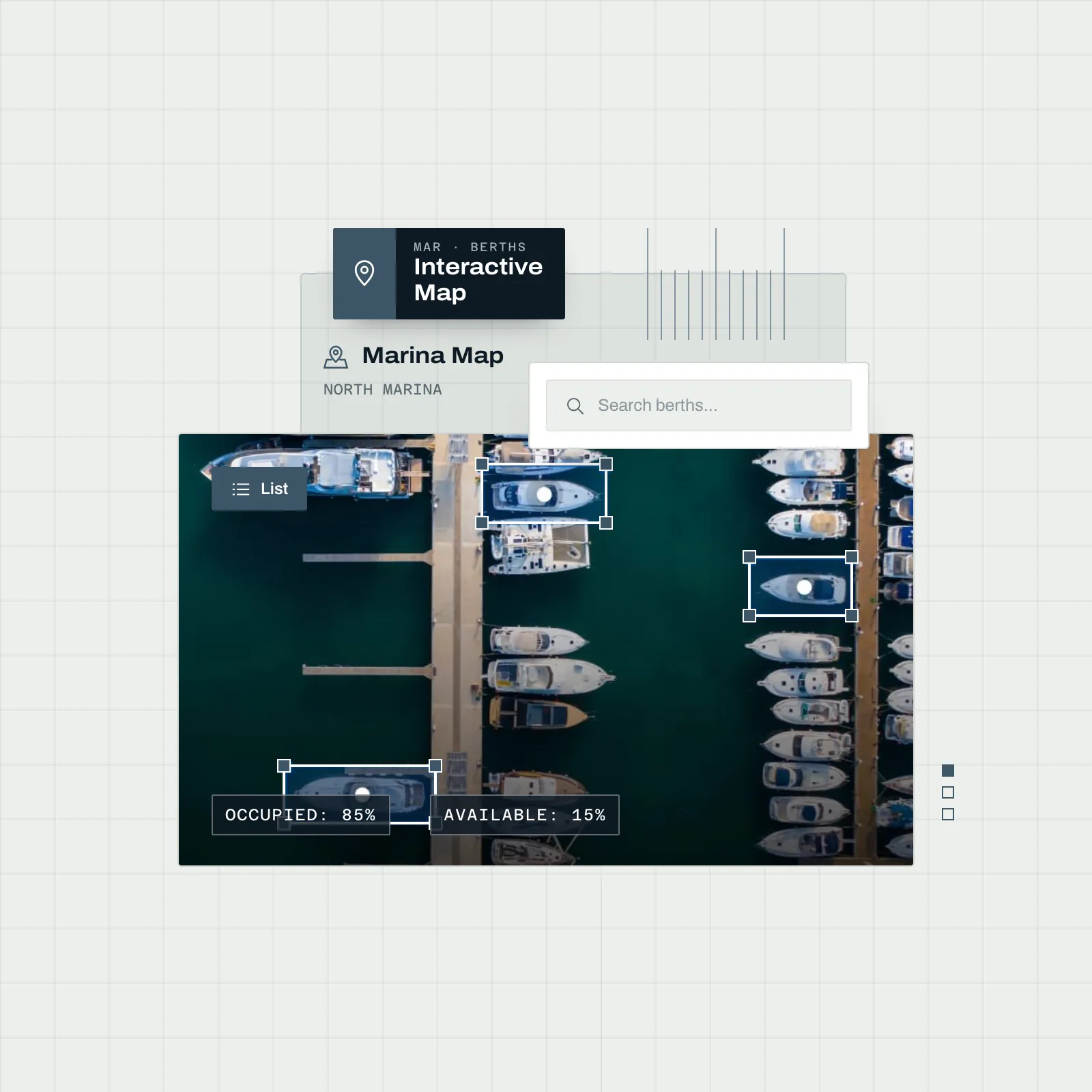 Interactive marina berths map with every berth coloured by status for the chosen date and the boat assigned to it
