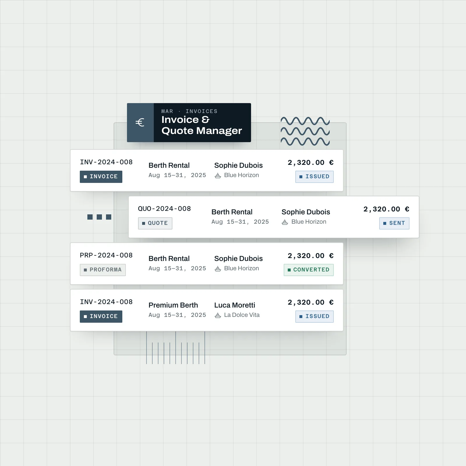 Marina invoicing for quotes, proforma invoices, invoices and SEPA direct-debit batches