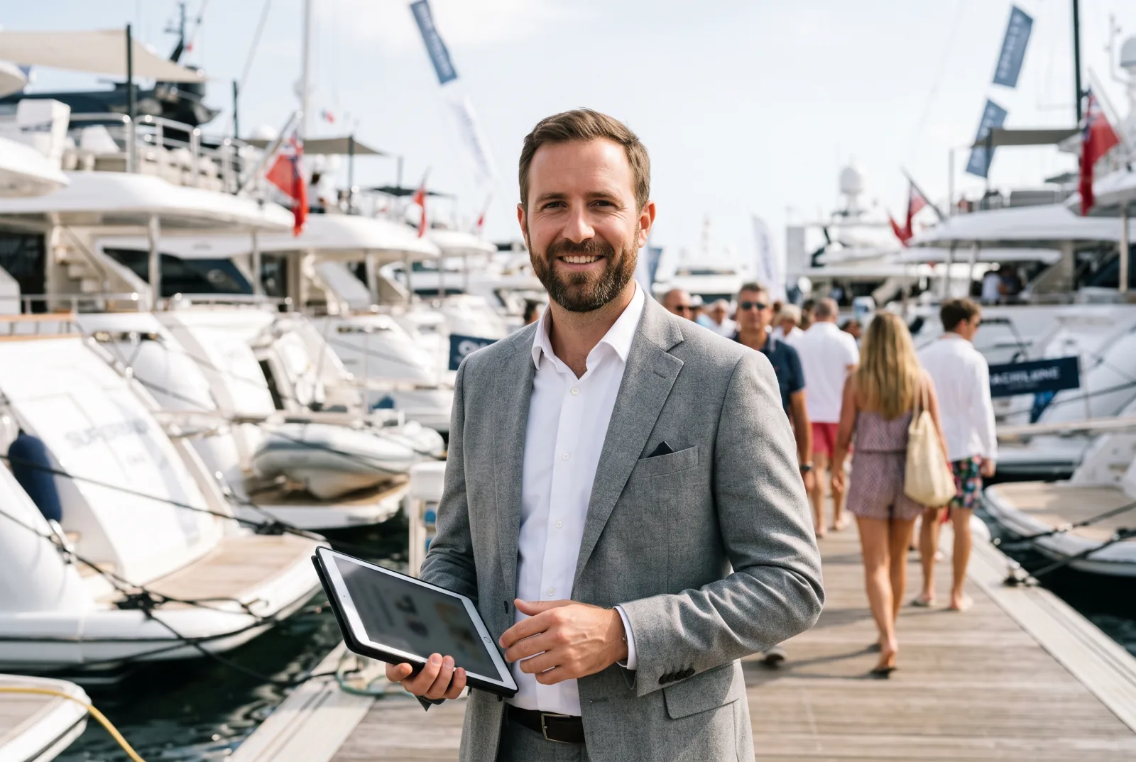 Director of a yachting industry association at a boat show stand reviewing the member directory on a tablet, with superyachts moored behind