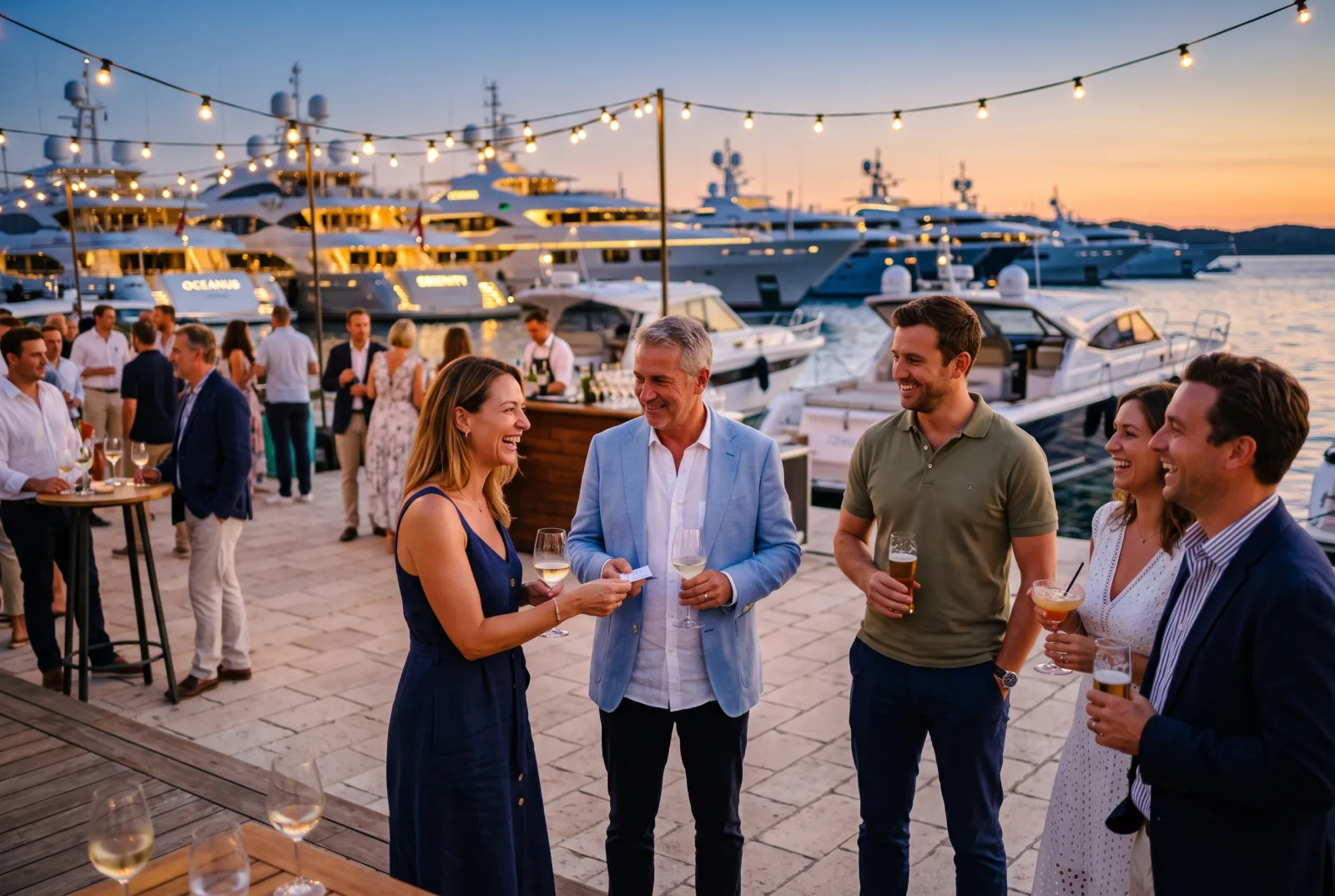 Professionnels du yachting échangeant lors d'une réception en soirée organisée par une association sur un quai de marina au coucher du soleil