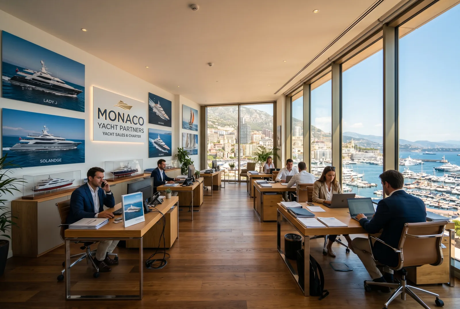 Yacht brokerage firm office in Monaco with multiple brokers at workstations and yacht prints on the walls