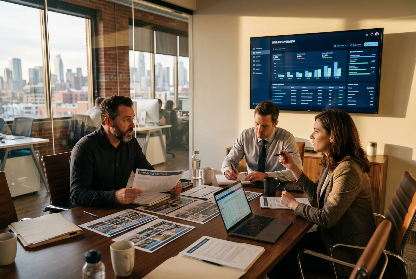 Konferenzraum einer Yacht-Brokerage-Firm mit 3 Brokern an einem Meeting-Tisch und großem Pipeline-Monitor