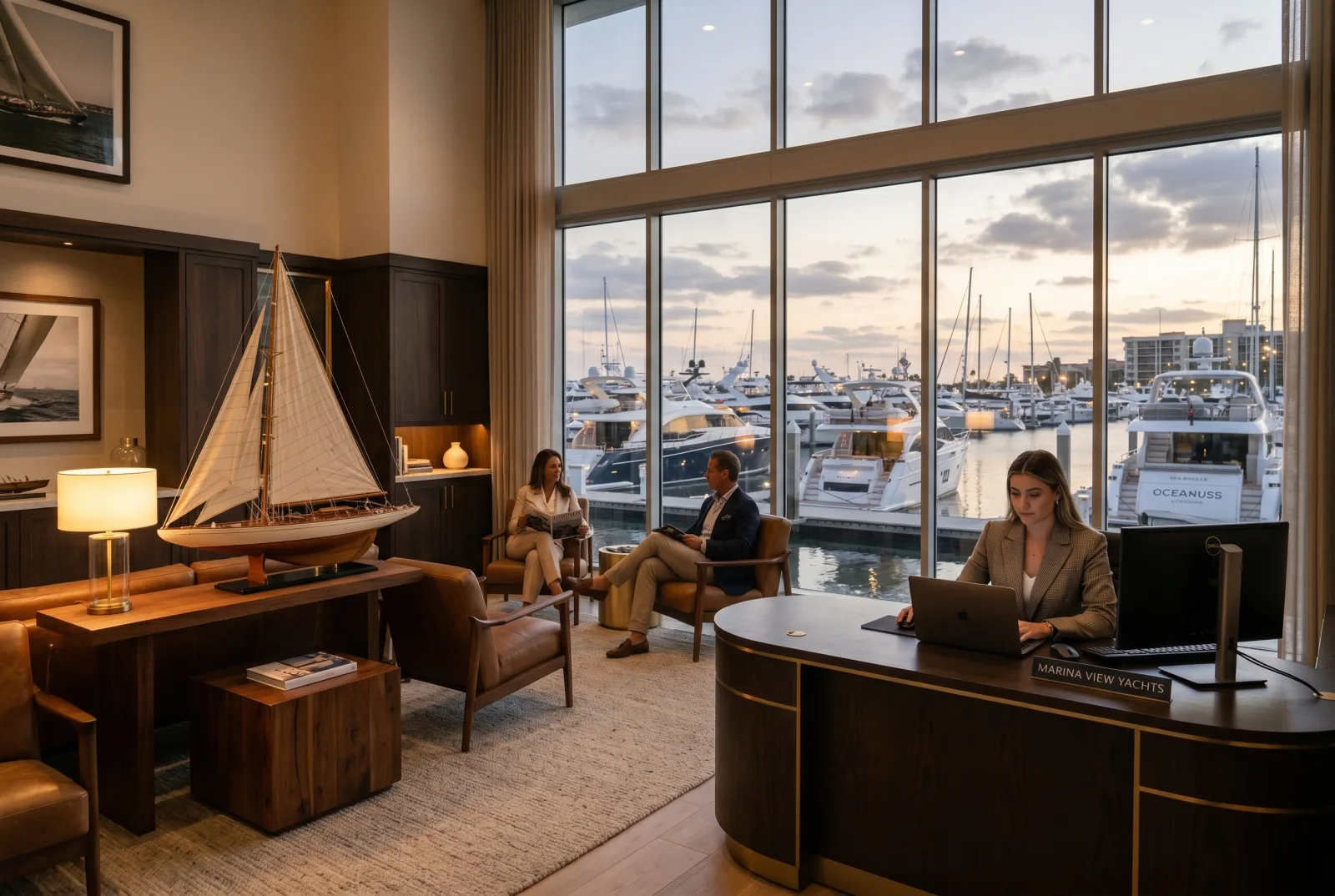 Eleganter Yacht-Brokerage-Büro-Empfang mit Yacht-Modell auf Beistelltisch und Marina-Blick