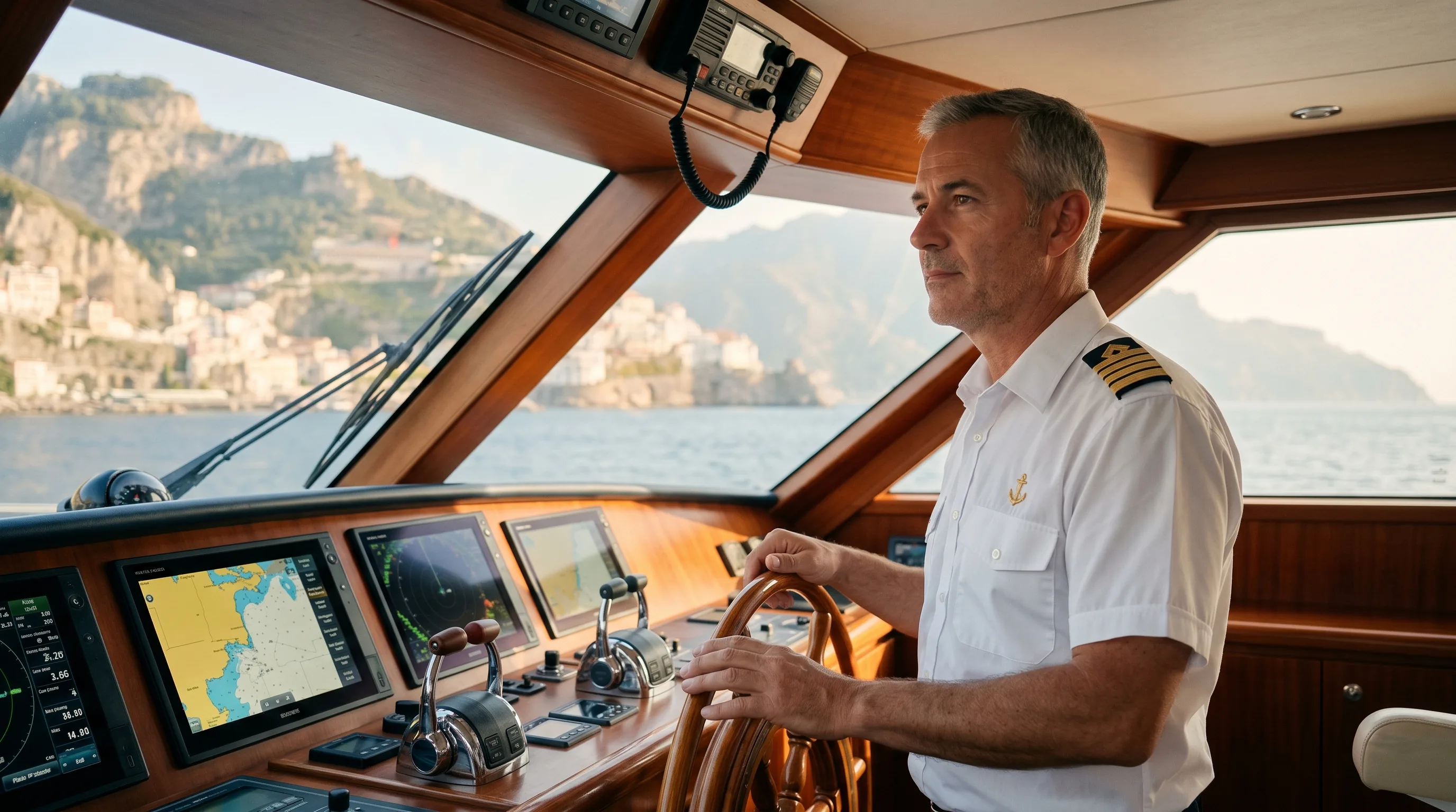 Yacht captain in white uniform standing at the bridge of a 35-metre motor yacht with navigation chartplotter visible