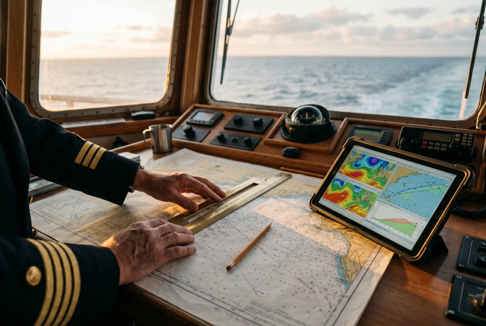 Kapitänshände auf einer Seekarte und einem Weather-Routing-Tablet an der Brücke