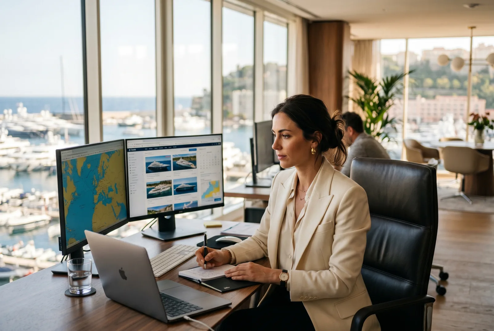 Central agent reviewing yacht charter listings and Mediterranean availability calendars on multiple monitors in a Monaco office