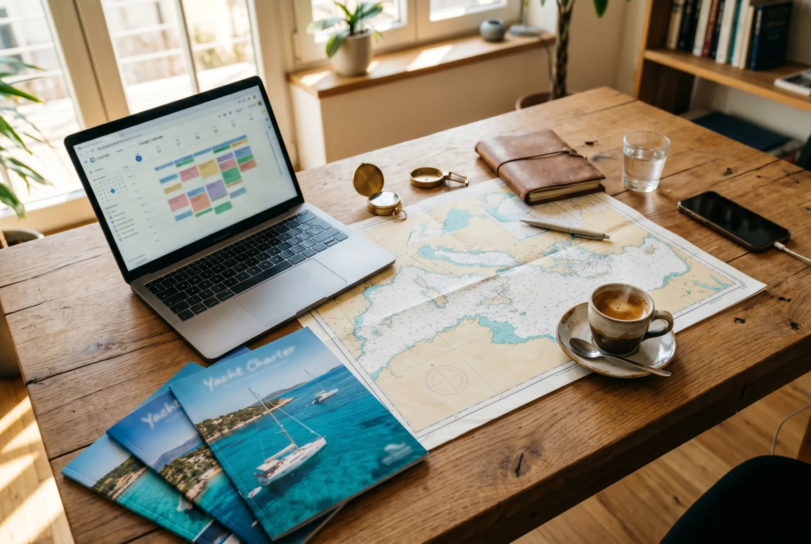 Scrivania assolata di central agent con brochure charter yacht, MacBook, espresso e carta nautica mediterranea