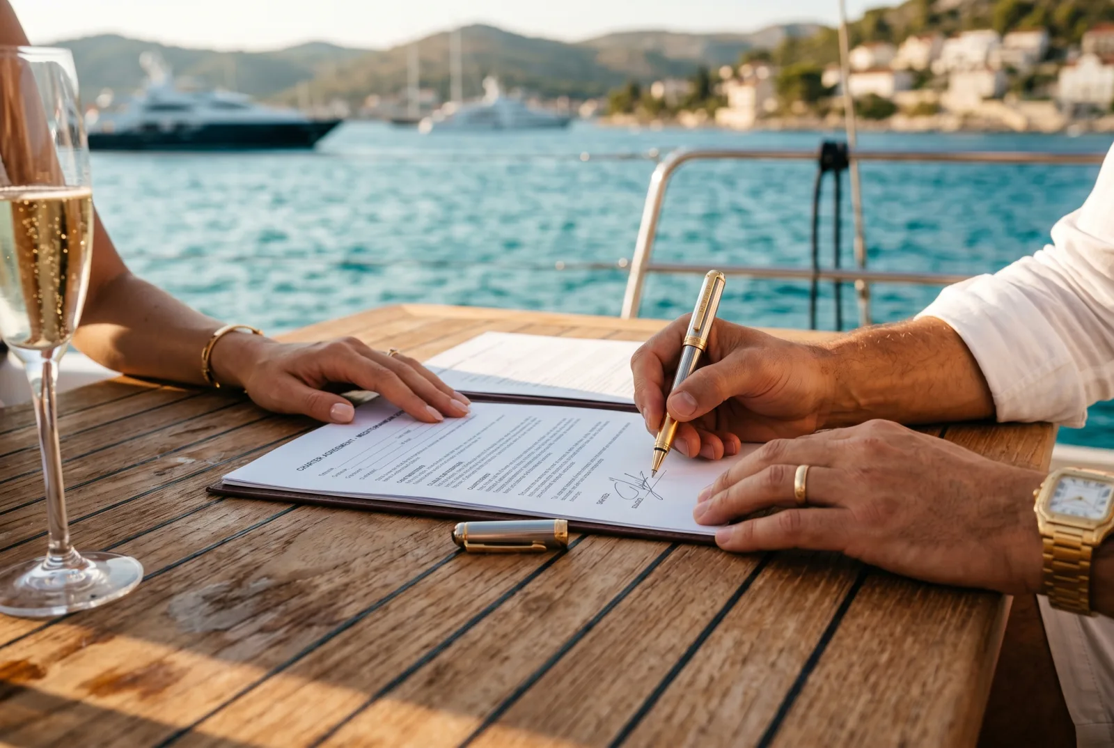 Mani che firmano un accordo charter su un tavolo in teak di yacht all'ora dorata