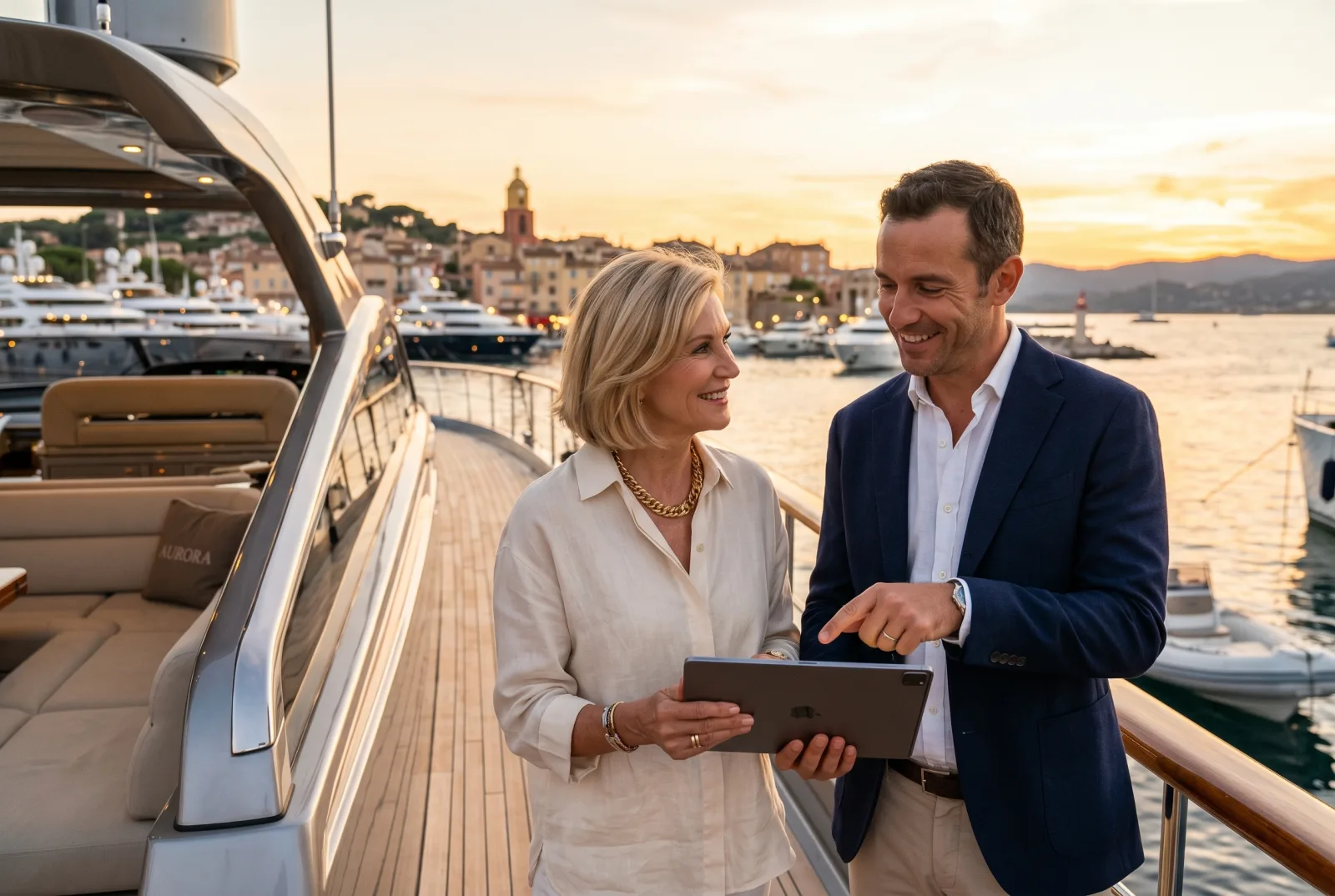 Charter broker showing a yacht to a couple on the back deck of a luxury motor yacht in Saint-Tropez