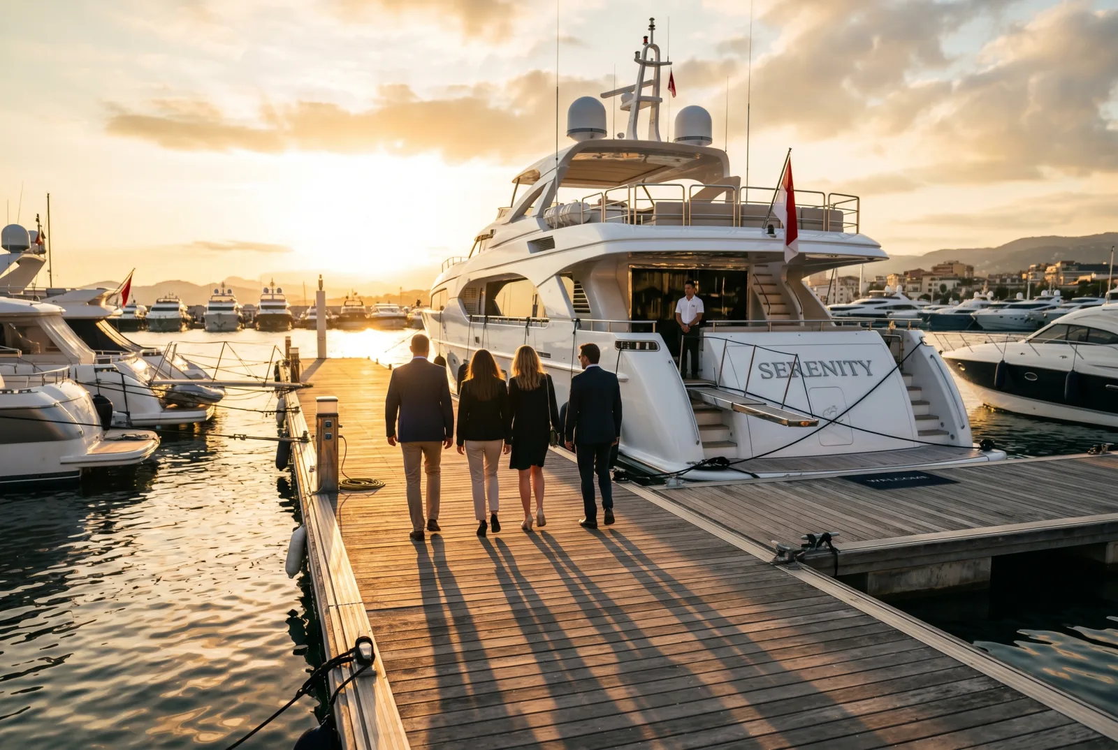 Group walking down a marina pontoon toward a superyacht at golden hour