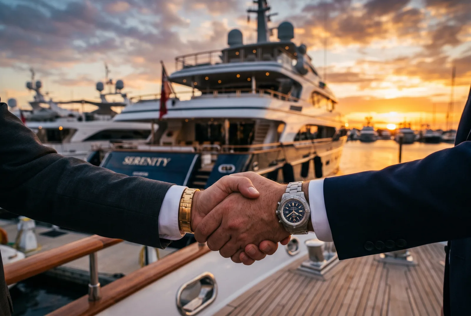Two professionals shaking hands at a marina sunset