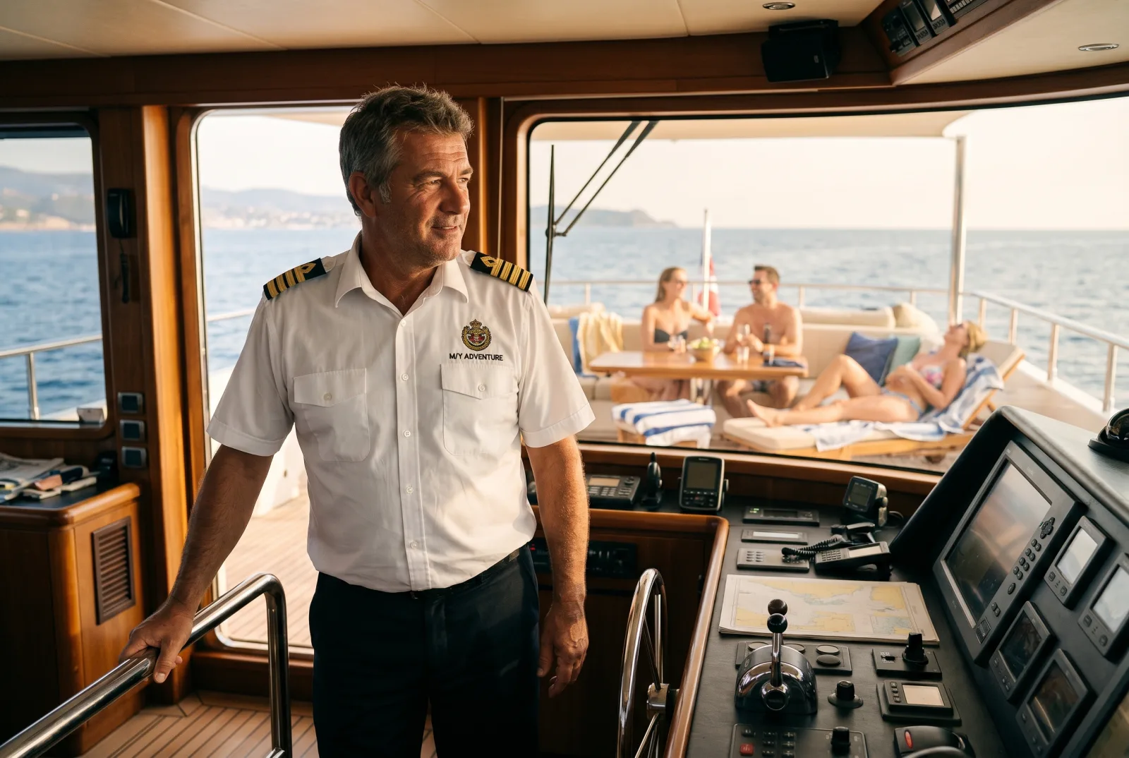 Charter captain on the bridge of a 35-metre charter motor yacht with guests visible out-of-focus on the back deck