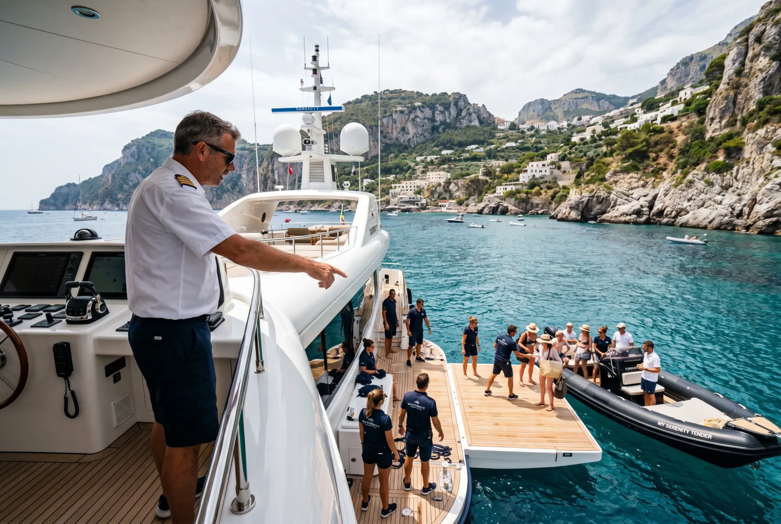 Charter captain sur l'aileron de passerelle dirigeant l'équipage de pont avec des clients se préparant à débarquer