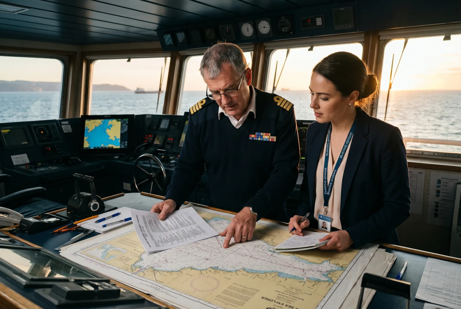 Charter captain examinant l'itinéraire avec le central agent sur la passerelle