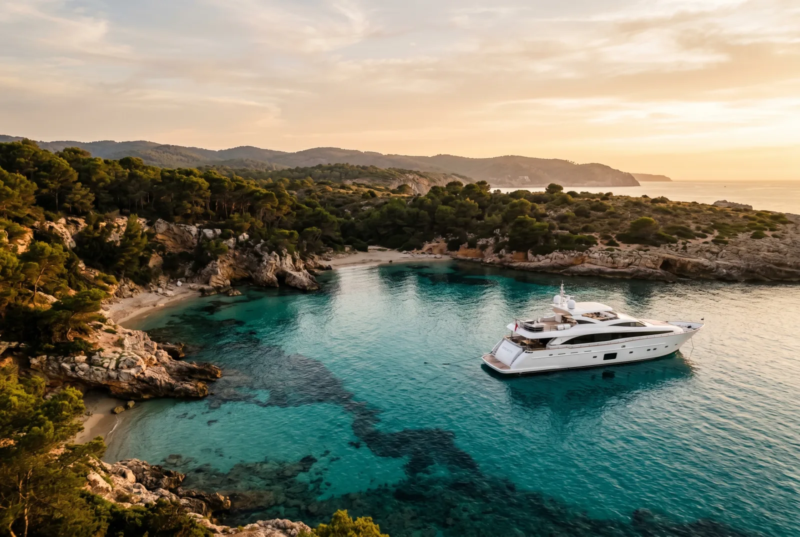 Weiße Luxus-Charter-Yacht vor Anker in einer balearischen Bucht mit türkisem Wasser zur goldenen Stunde
