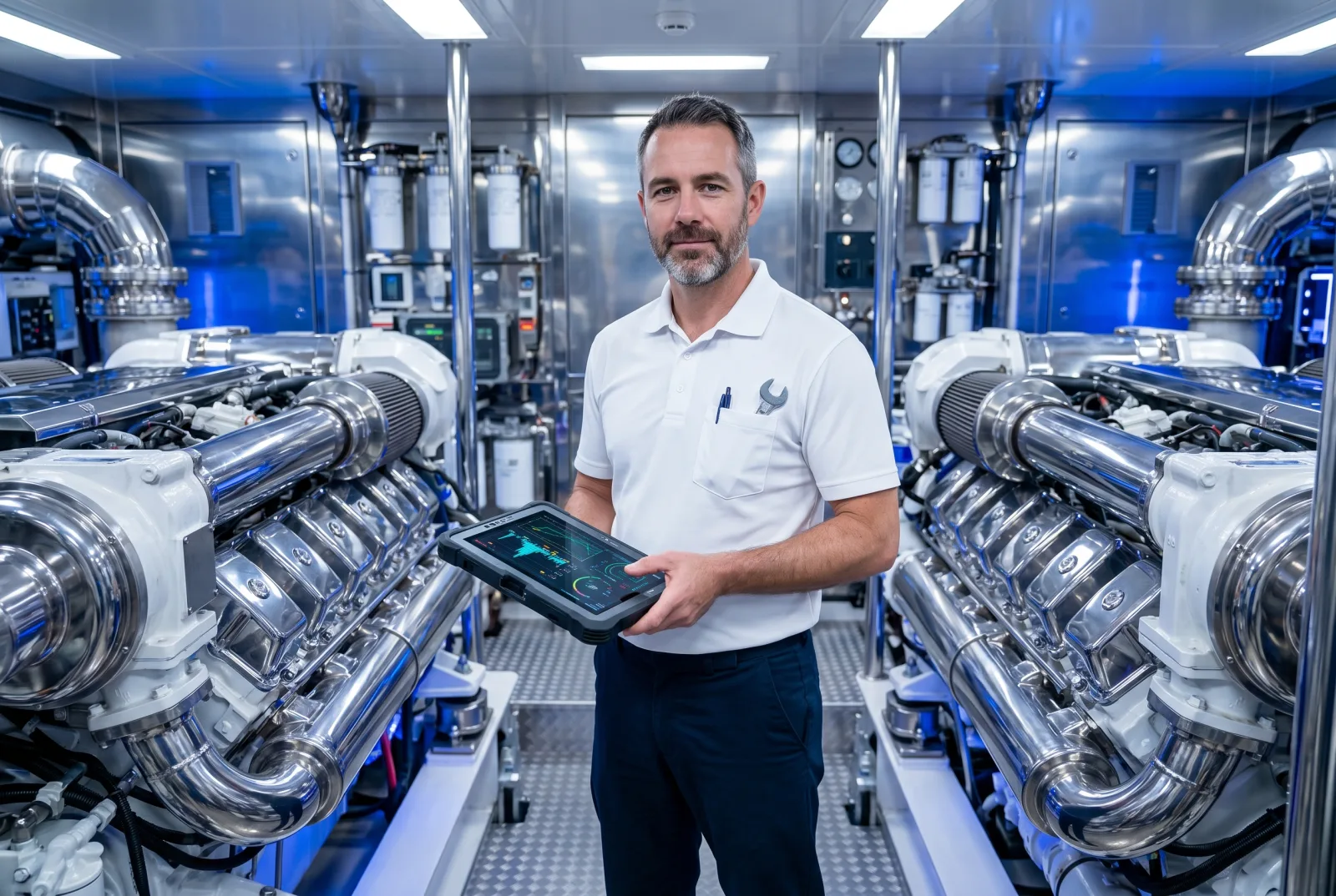 Yacht chief engineer in a pristine engine room holding a tablet showing engine telemetry in front of twin MTU diesel engines