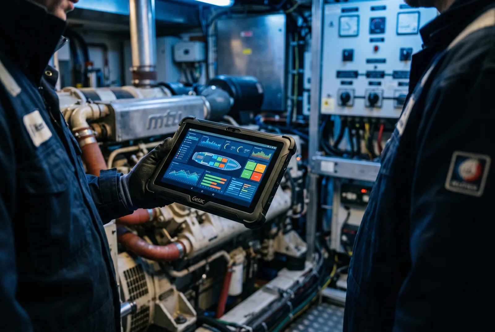 Ingenieurshand hält ruggedized Tablet mit Wartungs-Dashboard nahe einem Generator