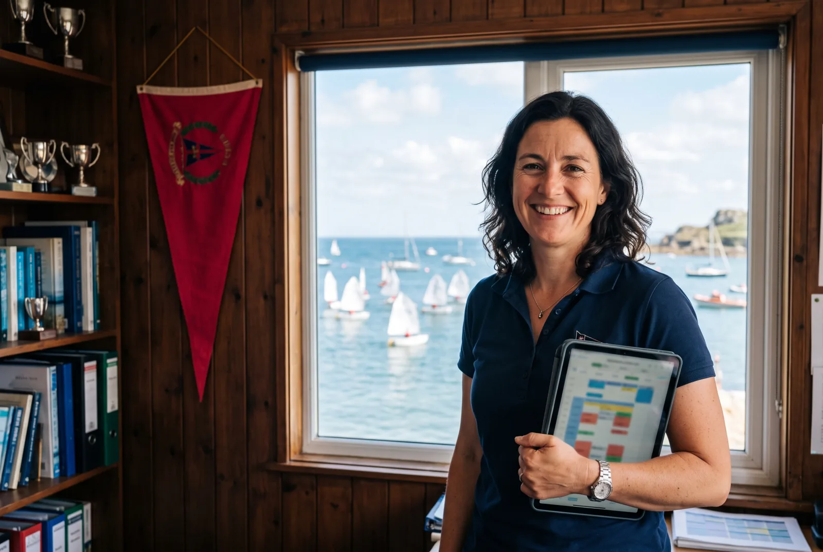 Yacht club manager at the clubhouse office desk with a laptop open on the membership register and dinghies on the water outside