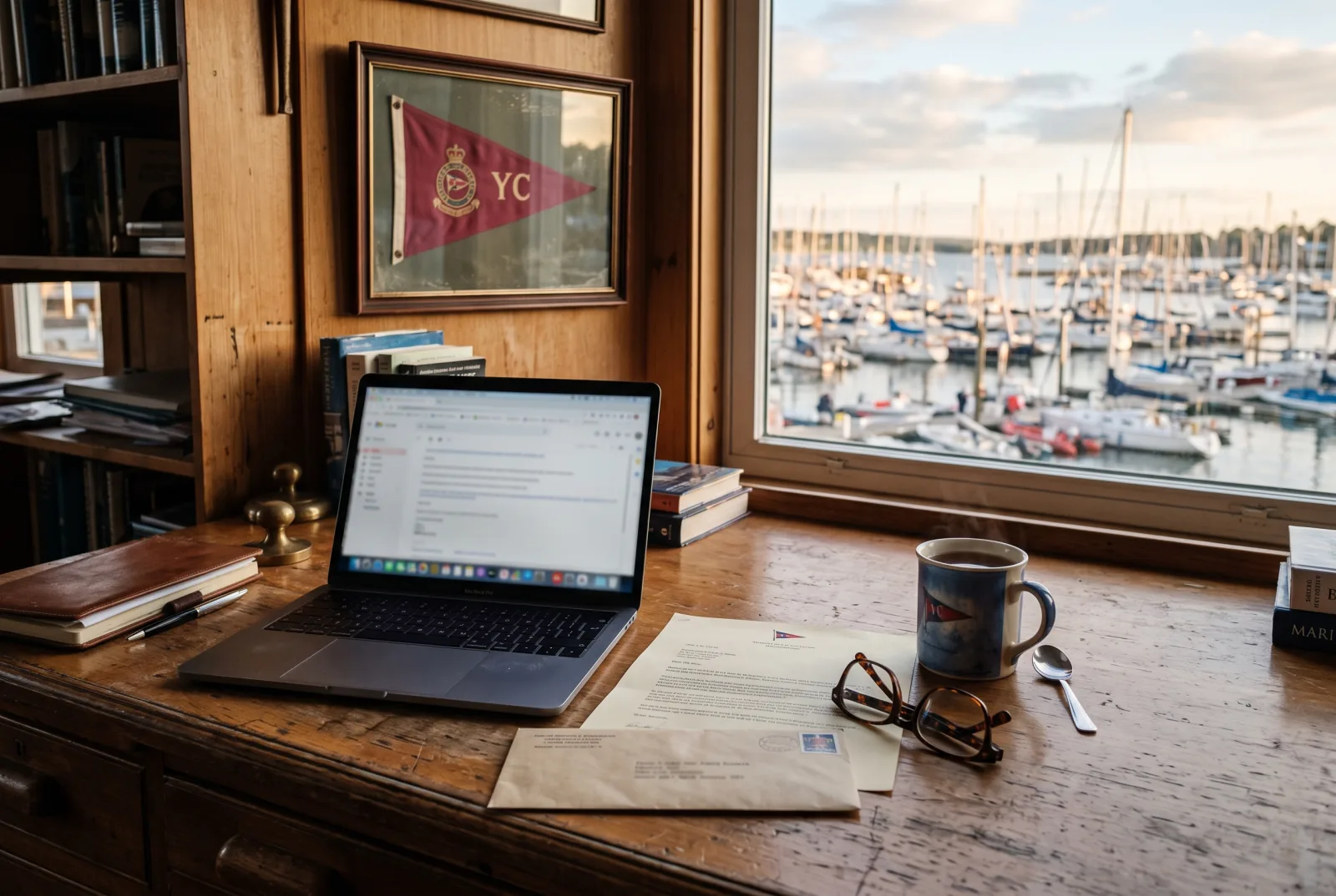 Angolo della segreteria di uno yacht club con un laptop, una lettera di rinnovo stampata, il guidone del circolo alla parete e la vista sul porto dalla finestra