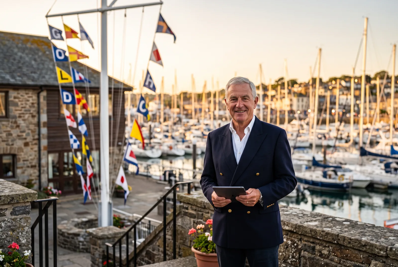 Yacht club commodore in a blazer standing on the clubhouse terrace holding a tablet with the club board report, flagpole and marina behind