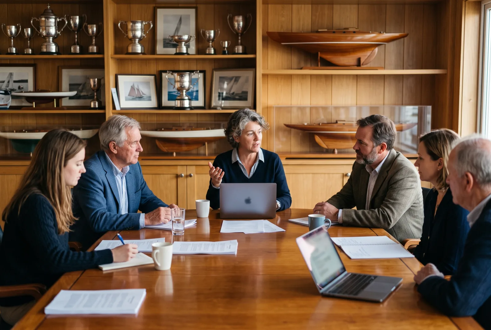 Yacht club committee meeting around a long wooden table with laptops, printed agendas and trophies on shelves behind