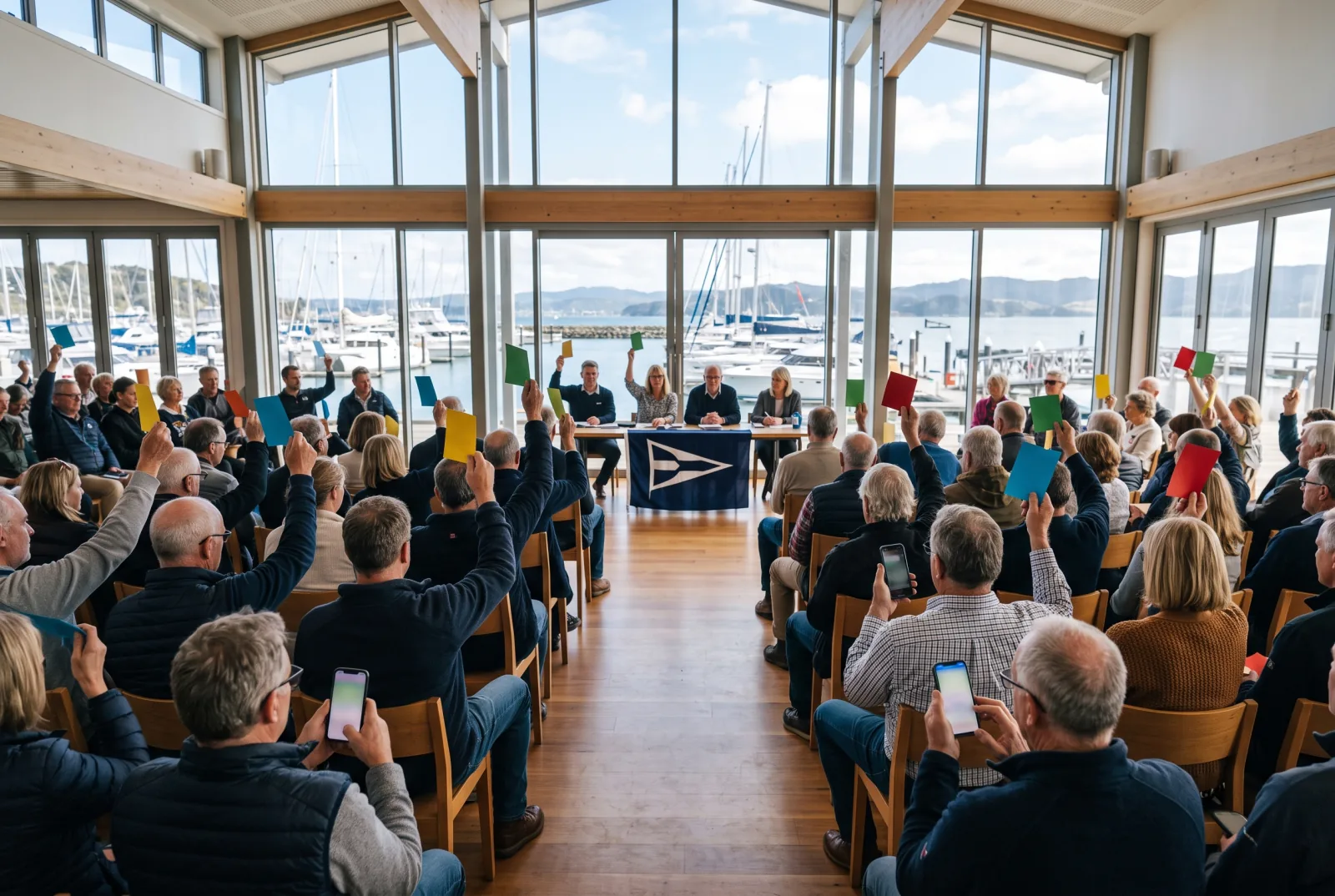 Members at a yacht club annual general meeting holding up voting cards while others follow on phones