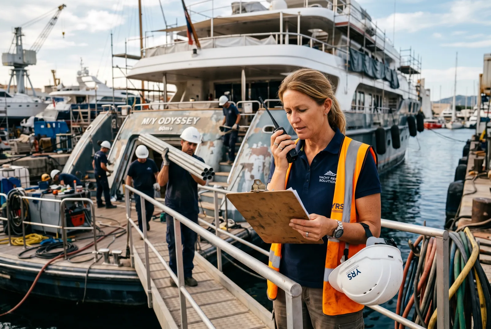 Yacht refit contractor coordinator in hi-vis vest at a yacht gangplank with workers carrying materials in the background