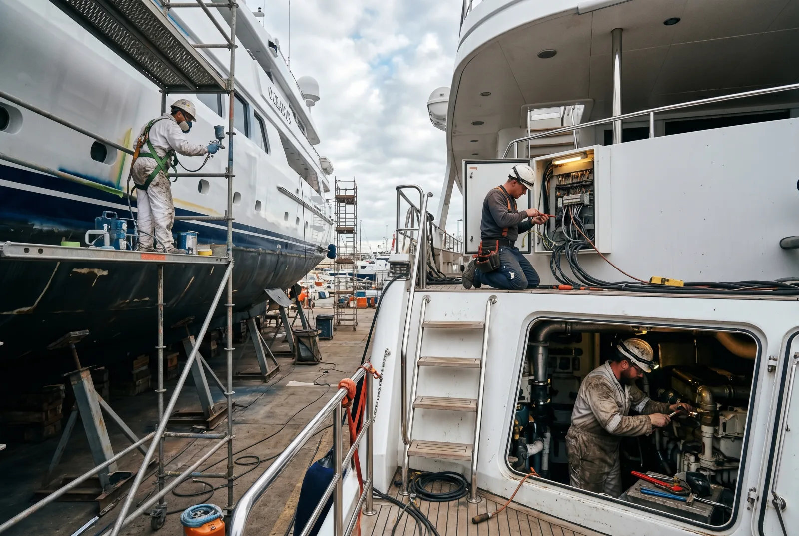 Mehrere Spezial-Contractoren bei der Arbeit auf einer Yacht im Trockendock — Maler, Elektriker, Klempner
