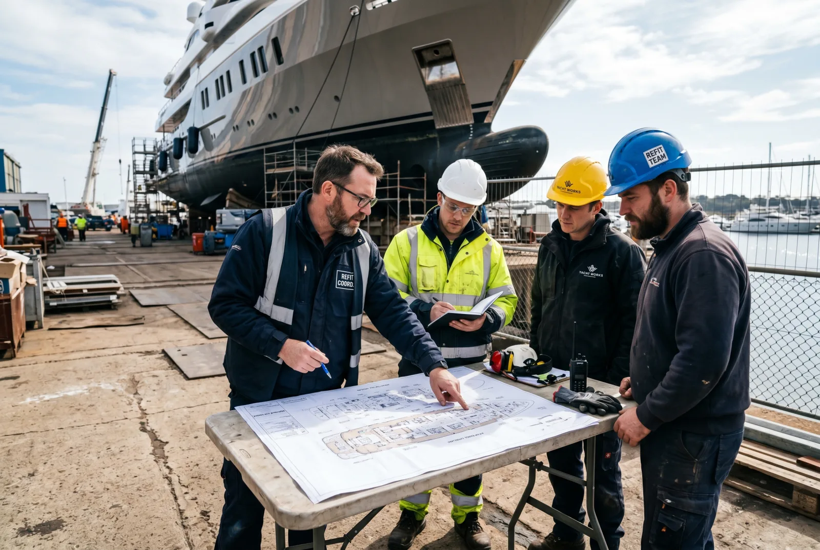 Daily Stand-up auf einer Refit-Werft mit Coordinator und drei Contractoren, die einen gedruckten Plan betrachten
