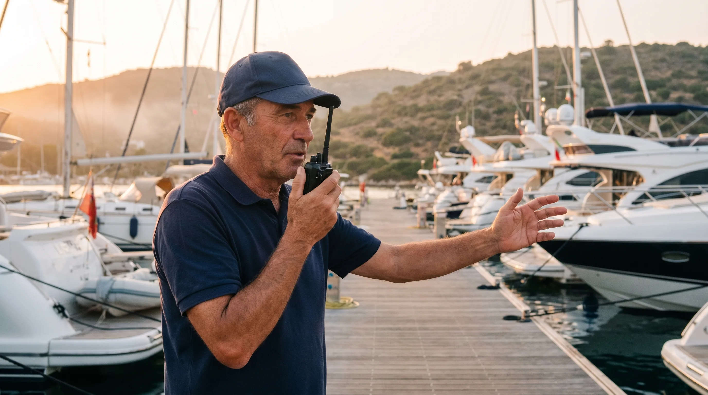 Marina dock master in a plain navy polo directing an arriving yacht to a berth at golden hour with a VHF radio in hand