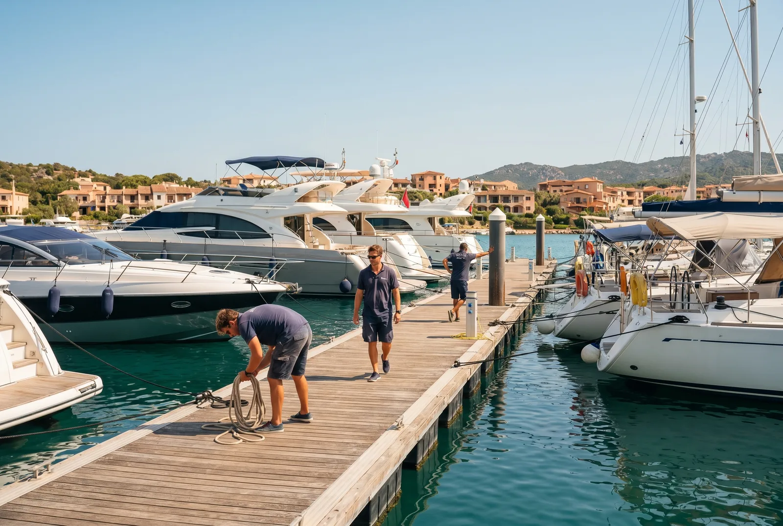 Pantalán de marina a mediodía con varios yates en proceso de atraque y tripulaciones lanzando cabos