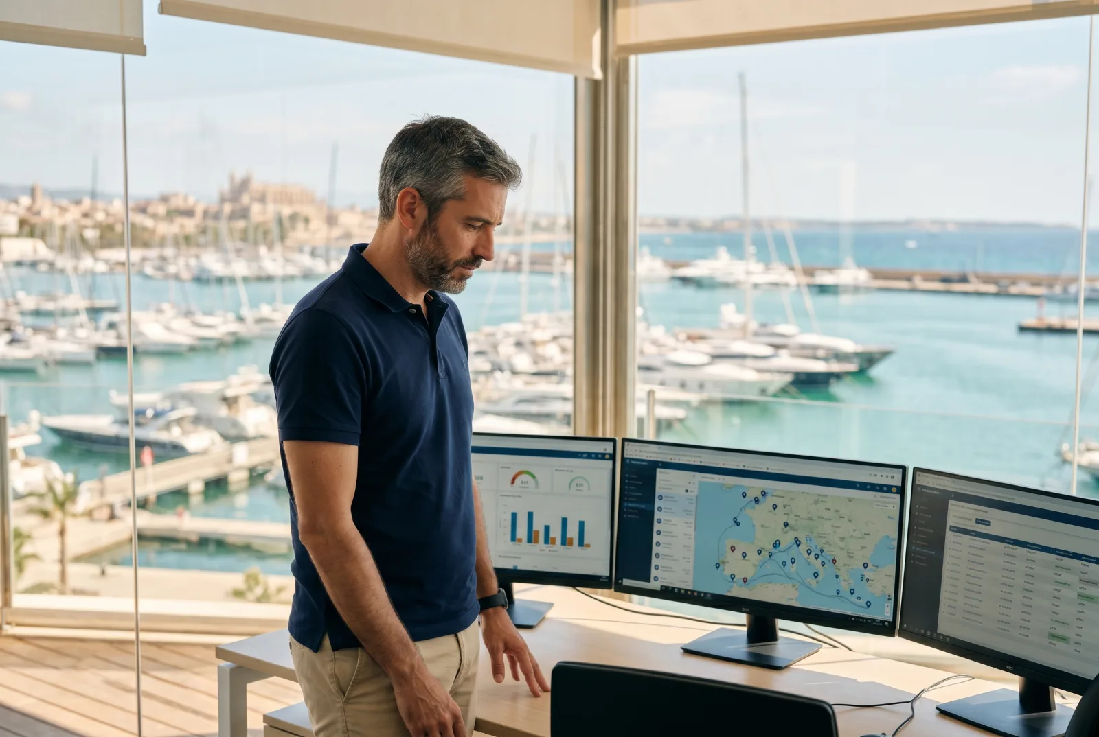 Fleet manager reviewing yacht fleet status on three monitors in a Mediterranean office with a marina visible through the window