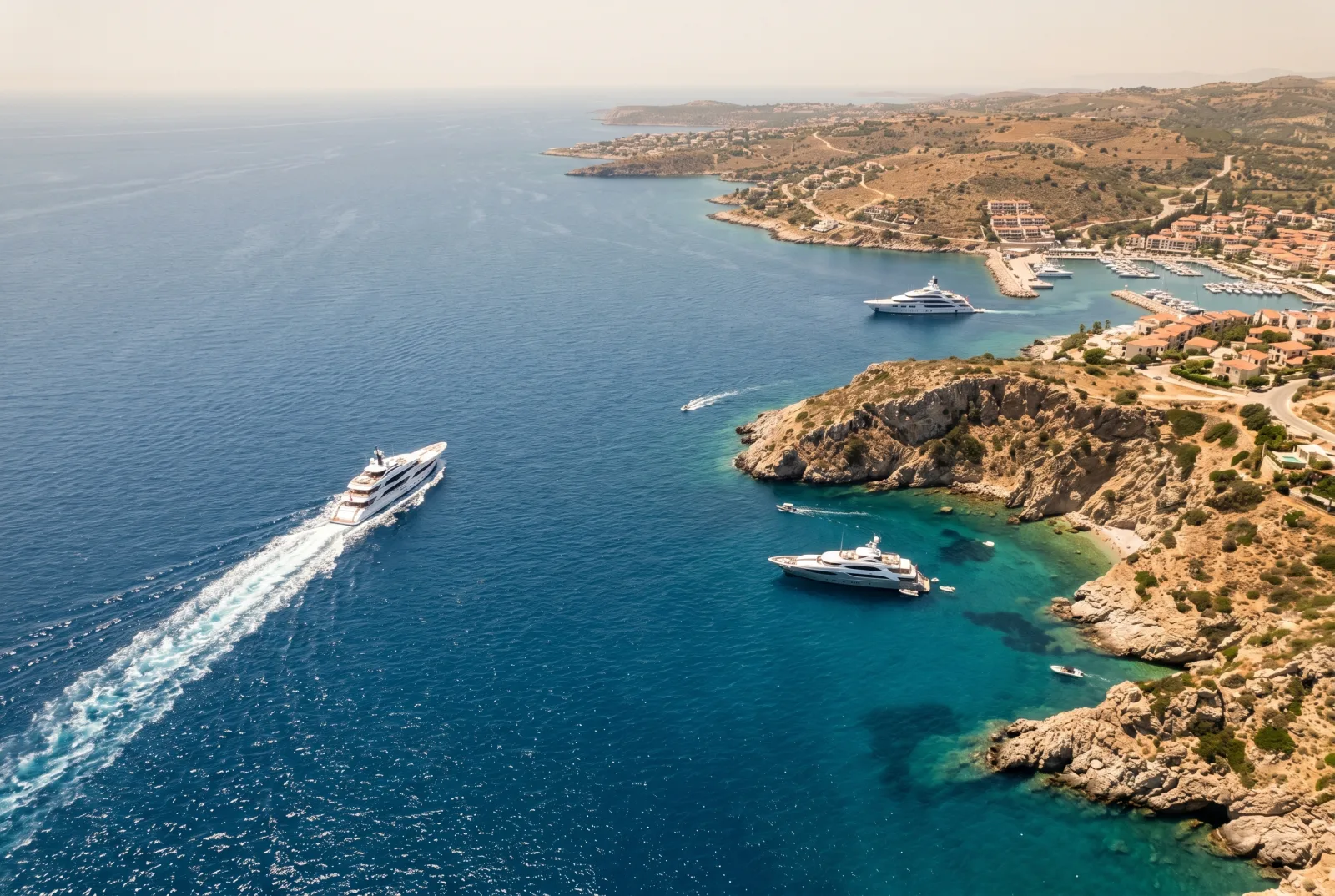 Vista aerea di tre yacht di lusso in diverse posizioni di crociera nel Mediterraneo