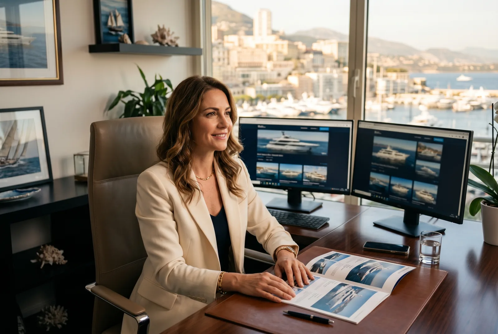 Yacht listing broker in cream blazer reviewing yacht listings on monitors with printed listing booklets at a Monaco office desk