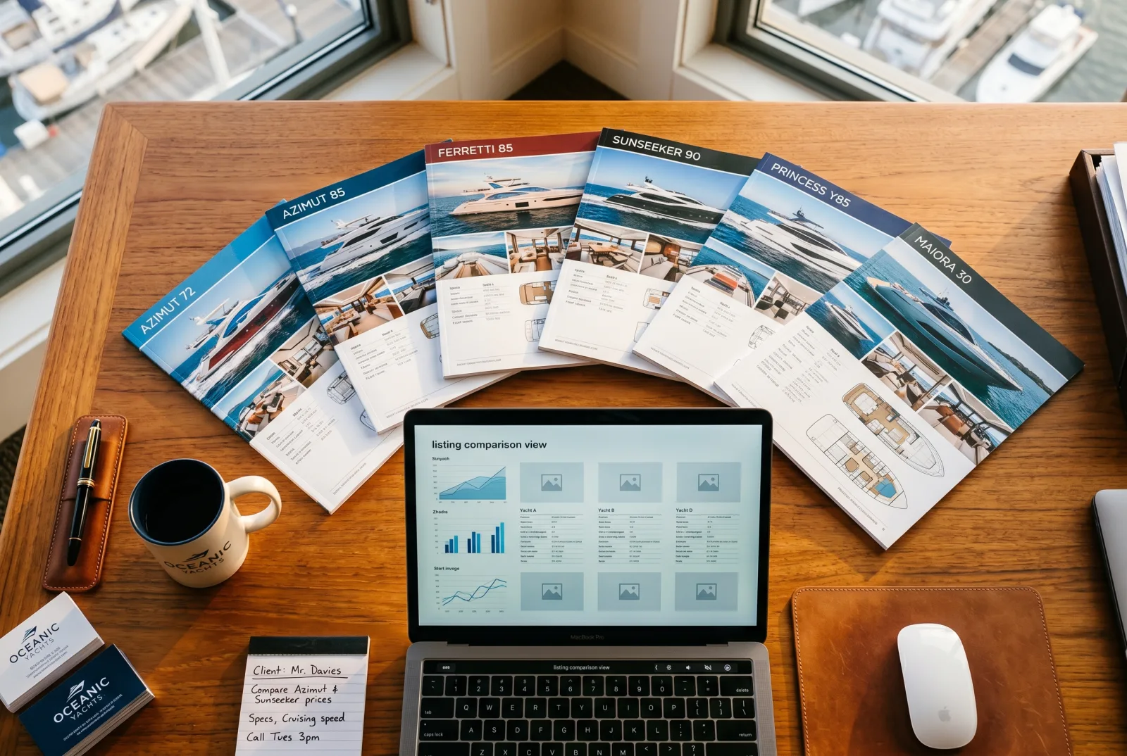 Espacio de trabajo de listing broker con booklets impresos de listings yacht, MacBook y vista comparativa de listings