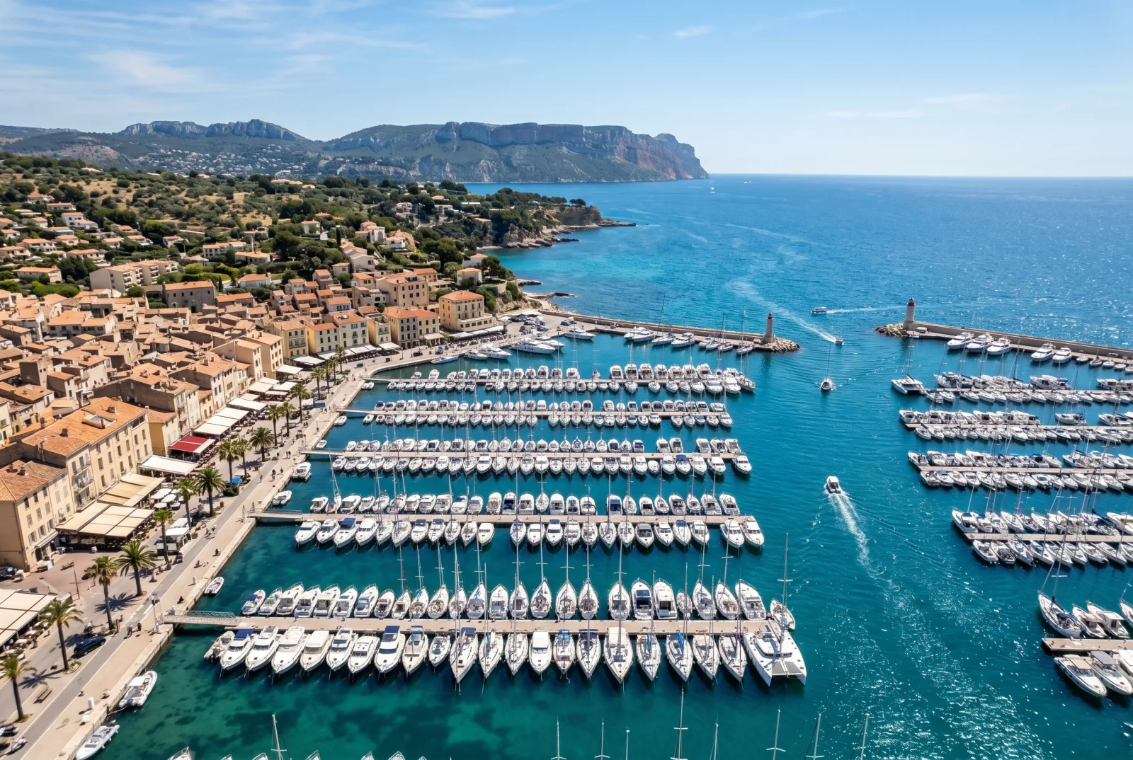 Luftaufnahme einer mediterranen Marina mit Reihen von Yachten und Segelbooten in kristallklarem blauen Wasser
