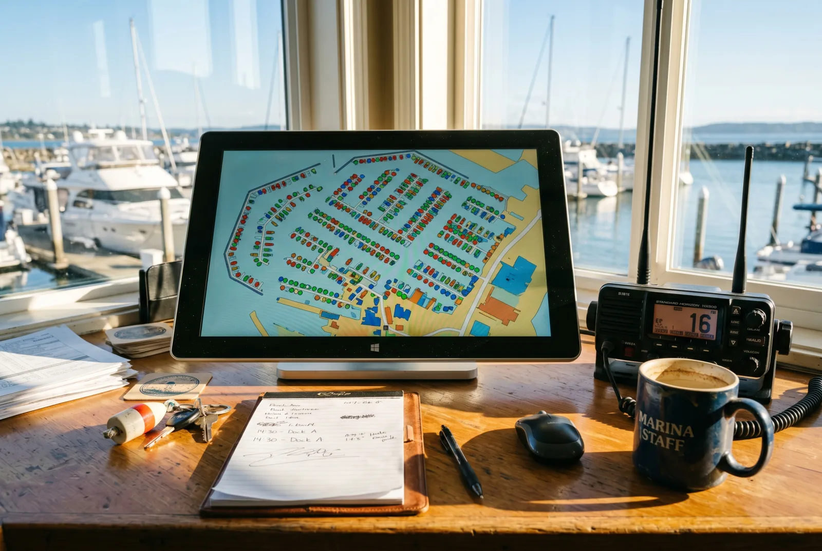 Marina-Bürotisch mit Touchscreen-Liegeplatzkarte und VHF-Funk