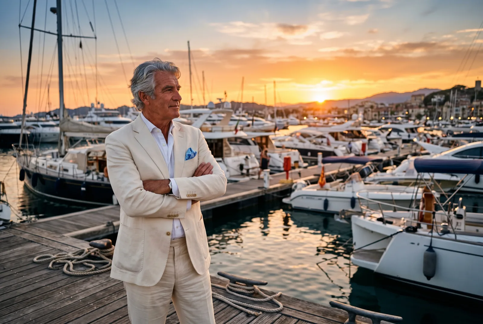 Marina owner in cream linen suit looking at his marina at sunset, with yachts berthed in the golden light