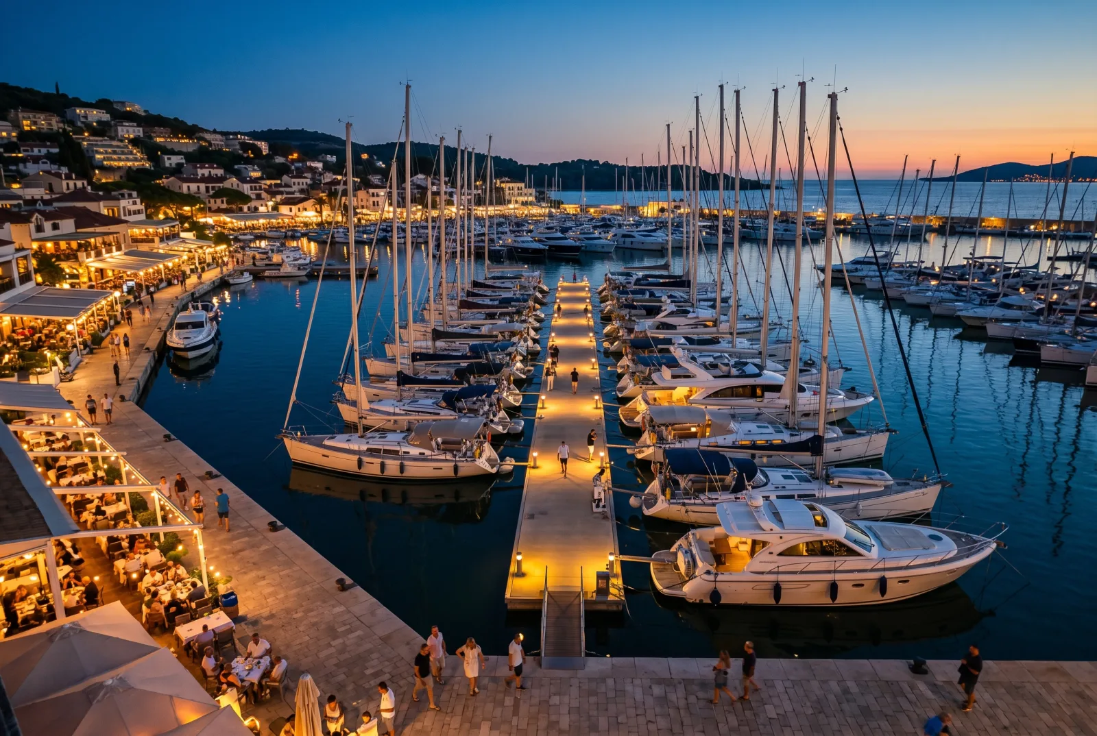 Mediterranean marina at blue hour with pontoon lights, restaurants illuminated, sense of operation
