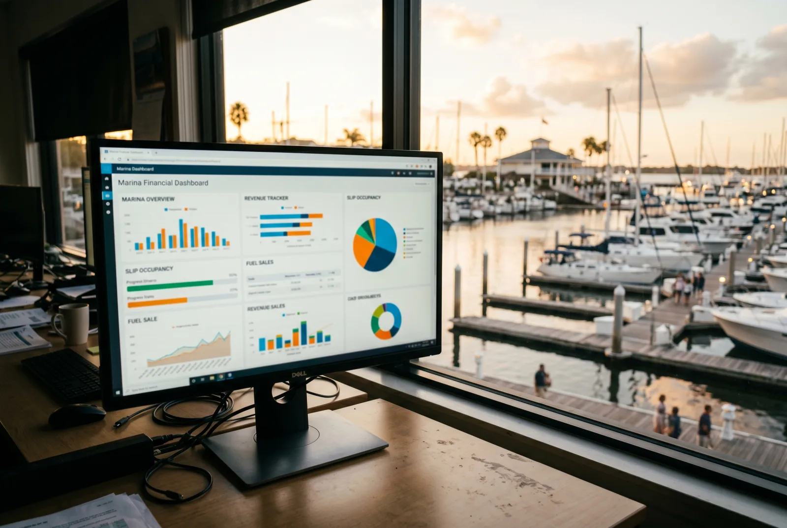 Marina financial dashboard on a large office monitor with the marina visible through the window