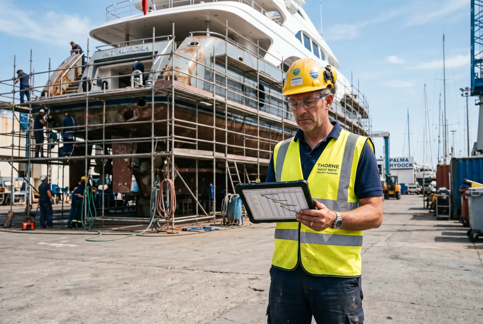 Yacht refit project manager in hi-vis vest holding a tablet with project schedule in front of a 45-metre yacht in dry dock with scaffolding