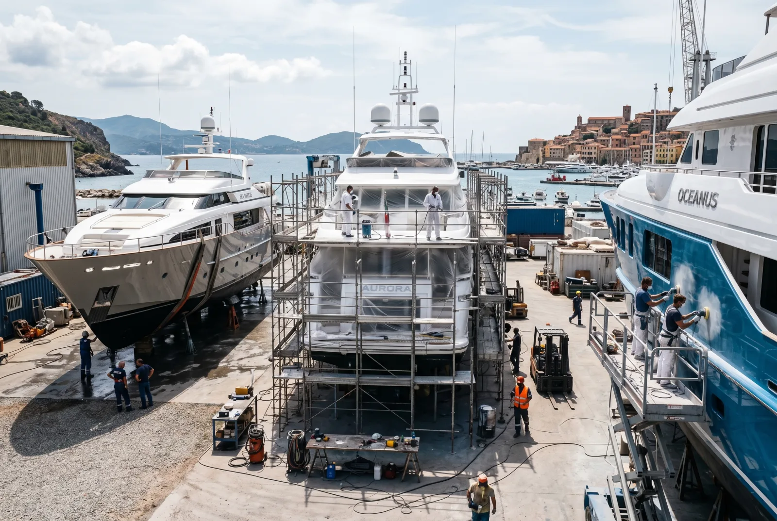 Cantiere mediterraneo con tre yacht in diverse fasi di refit e ponteggi