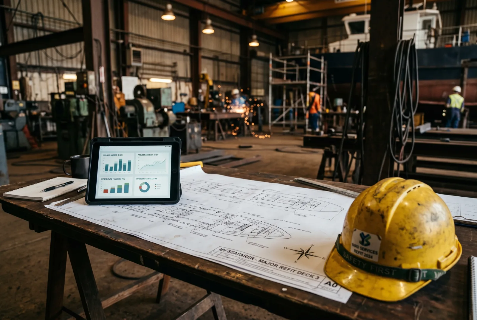 Documentazione di progetto refit su un tavolo pieghevole al cantiere con tablet che mostra tracking budget
